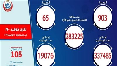 الصحة: تسجيل 903 حالات إيجابية جديدة بفيروس كورونا.. و65 وفاة