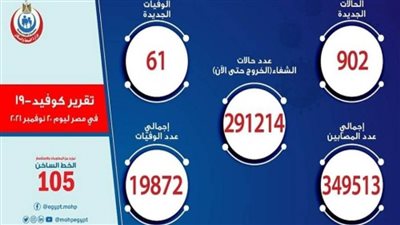 الصحة: تسجيل 902 حالة إيجابية جديدة بفيروس كورونا.. و61 وفاة